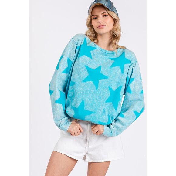 SAGE + FIG Mineral Wash Star Graphic Print Long Sleeves T-Shirt | Aqua Blue - Picture 4 of 6